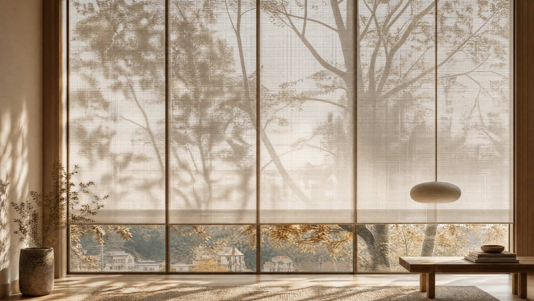 Sheer linen blinds filtering soft afternoon light across a private office