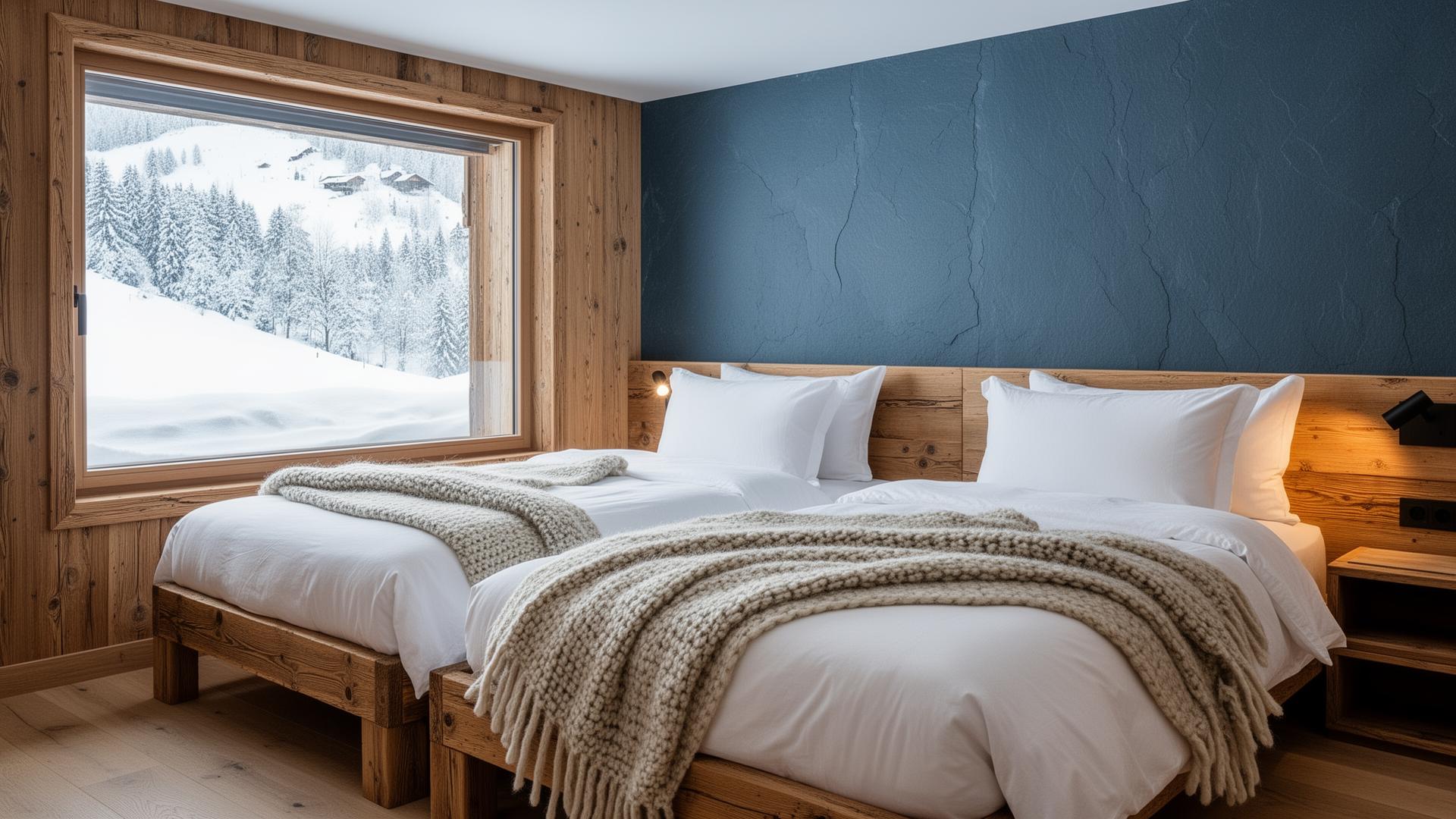 King bedroom with slate blue feature wall and snow view