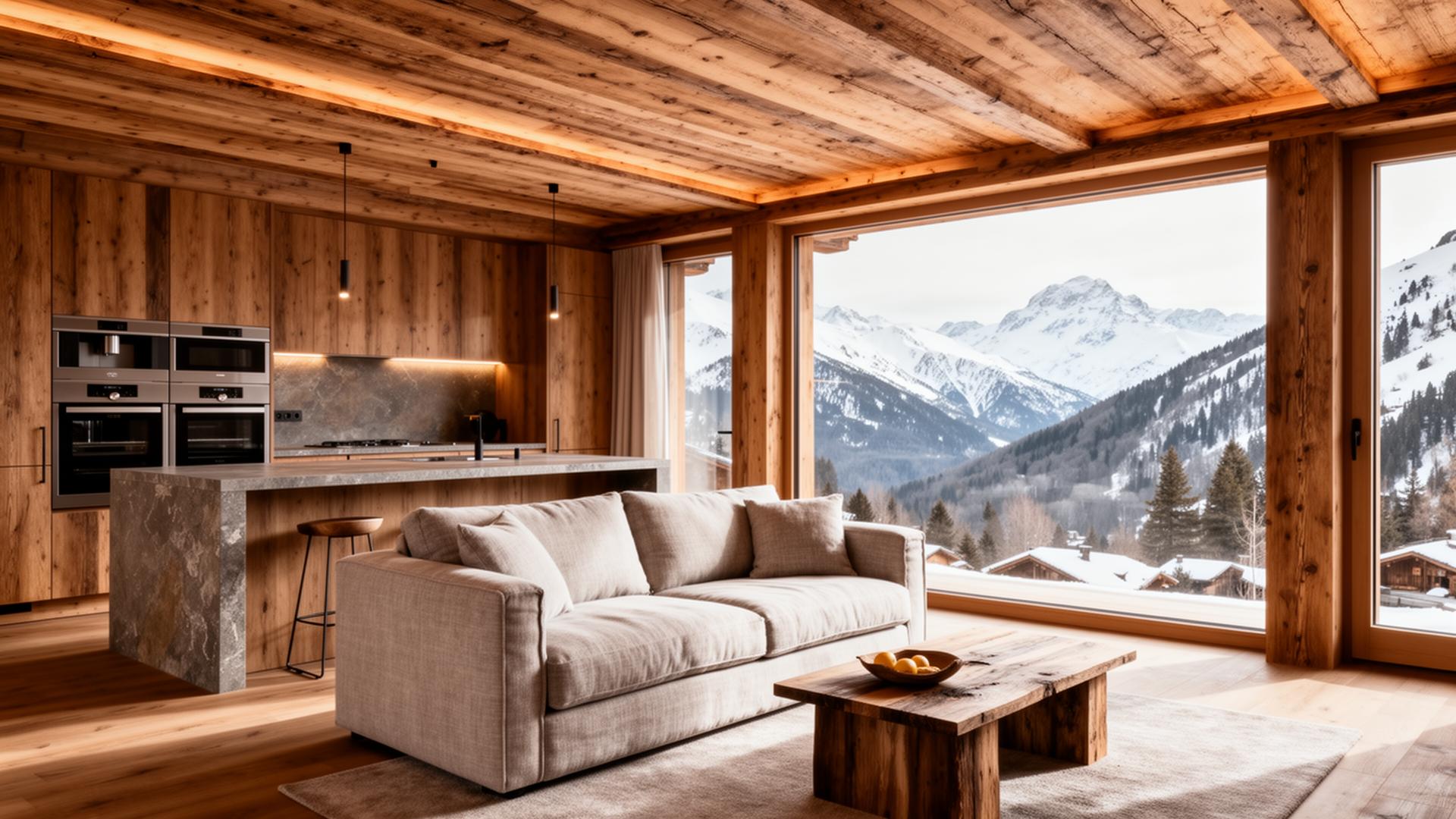 Open plan living, kitchen and dining inside Heidi's Chalet